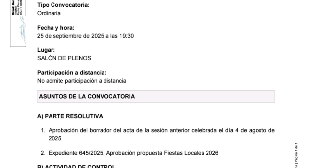 Convocatoria a Pleno sesión ordinaria, jueves 25 de septiembre a las 19:30h